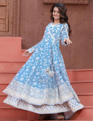 Printed sky blue kurti for day to day look in cotton