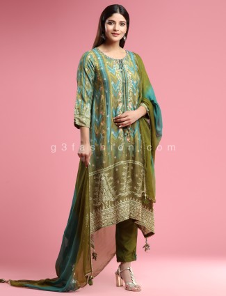 Printed style green cotton silk pant suit for festivals
