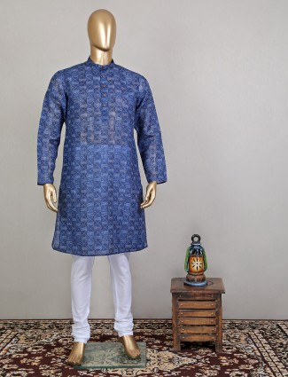 Printed style navy shade festive wear kurta with churidar