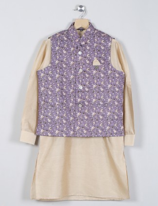 Printed violet cotton festive wear waistcoat set for boys