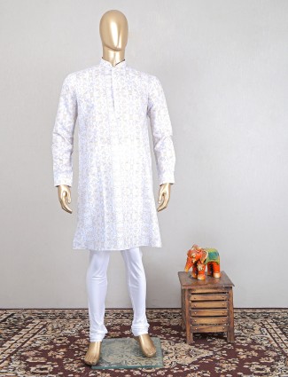 Printed white festive wear kurta suit in cotton
