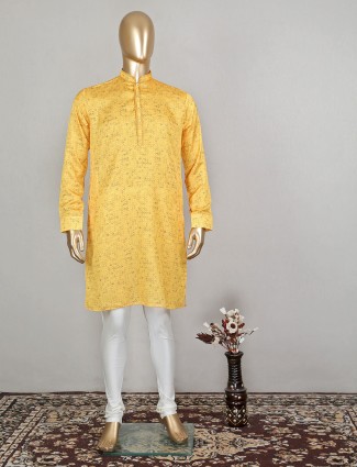 Printed yellow kurta set in cotton for mens