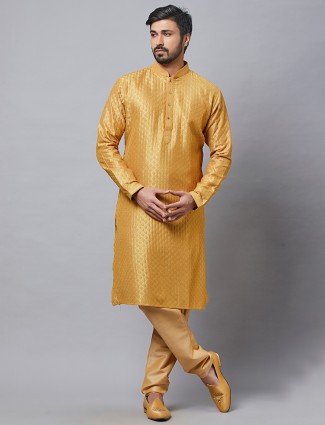 Prussion gold color cotton silk kurta suit for mens