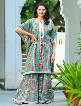 Punjabi kaftan style ocean green printed cotton wedding sharara set