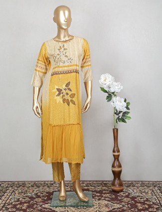 Punjabi style printed cotton festive events pant set in honey yellow