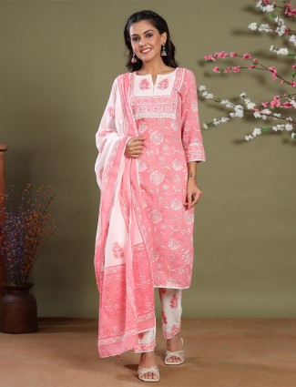 Punjabi rouge pink printed festive wear cotton pant set