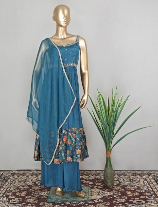 Punjabi style georgette anarkali palazzo suit in teal blue