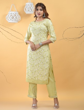 Punjabi style pista green printed festive wear cotton pant set