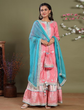 Punjabi style rose pink cotton sharara set for festive ceremonies