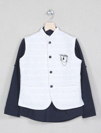 Pure white printed cotton silk waistcoat kurta for boys