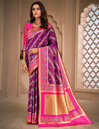 Purple attractive patola silk saree for wedding look