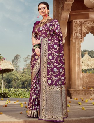Purple banarasi silk designer saree for wedding ceremony