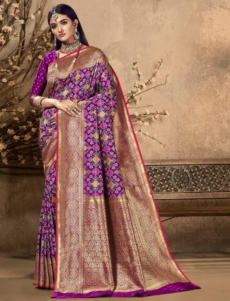 Purple charming designer wedding look saree in patola silk