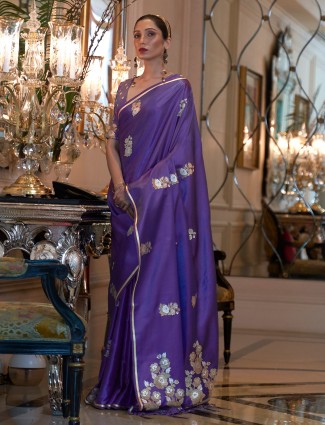 Purple color silk printed wedding events saree