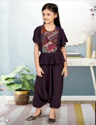 Purple dhoti style suit for girls in cotton silk