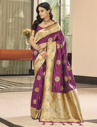 Purple fabulous wedding occasions jacquard silk saree