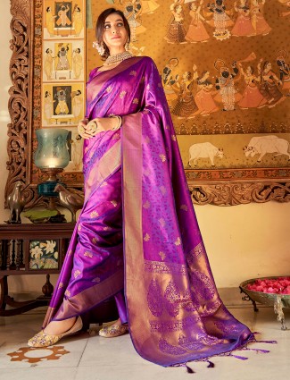 Purple hue jaquard silk fabric wedding saree