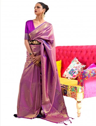 Purple kanjivaram silk attirable wedding functions saree