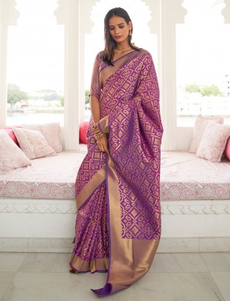 Purple lavish banarasi silk wedding occasions saree