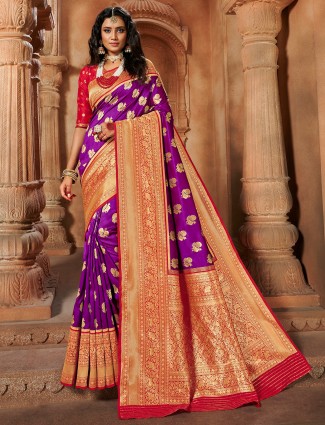 Purple spectacular banarasi silk saree for wedding ceremony