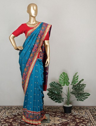 Rama blue attractive silk saree for wedding ceremonies