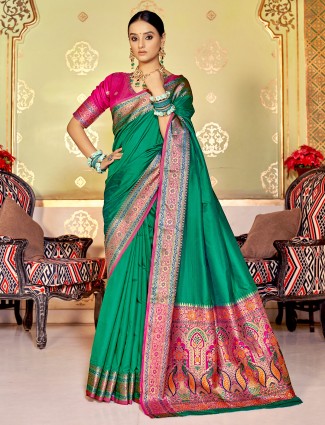 Rama green fabulous wedding functions saree in banarasi silk