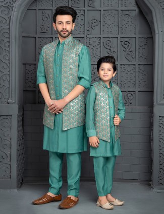 Rama green father and son waistcoat set in silk