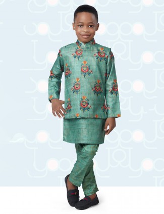Rama green silk festive wear waistcoat set for boys