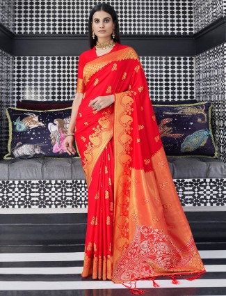 Ravishing red kanjivaram silk sari with zari work for wedding