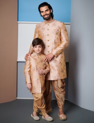 Raw silk beige indo western wedding wear for father and son