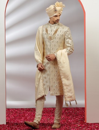 Raw silk groom wear sherwani in cream color