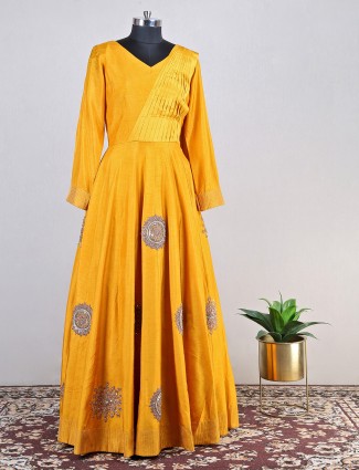 Raw silk musterd yellow anarkali suit for wedding