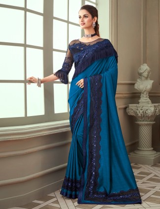 Raw silk sari in cobalt blue for festive and party events