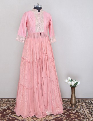 Raw silk wedding indo-western style lehenga set in light pink