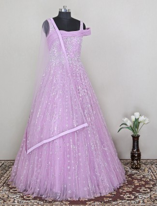 Reception and party designer net gown in periwinkle violet