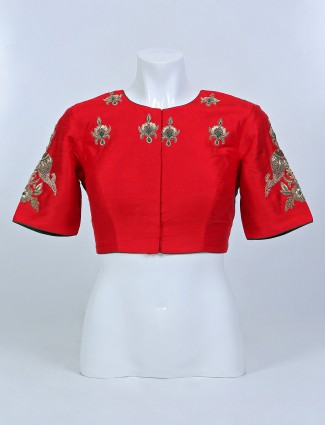 Red and green shade ready made blouse in raw silk