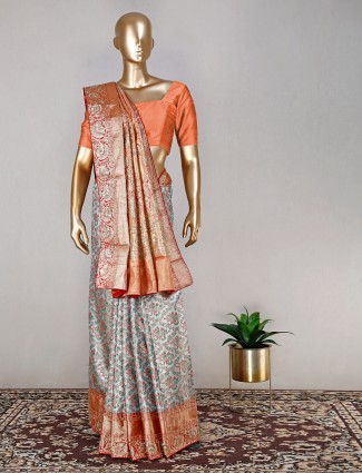 Orange and light grey paithani silk bridal wear saree
