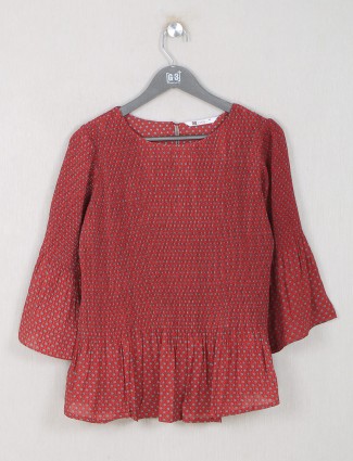 Red casual wear printed top in cotton