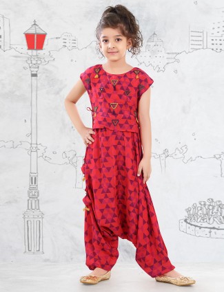 Red cotton dhoti suit for girls