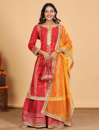 Red cotton festive events punjabi style sharara suit with gota details