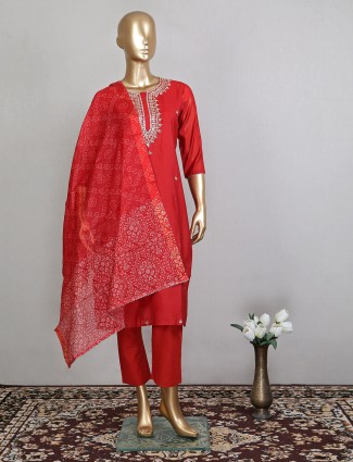 Red cotton silk festive occasion pant suit for women