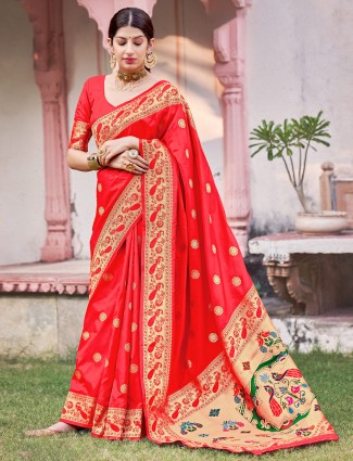 Red extraordinary wedding ceremonies sari in paithani silk