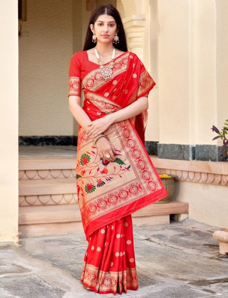 Red extravagant banarasi silk saree for wedding look