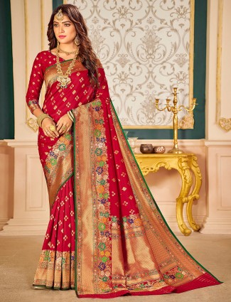 Red extravagant banarasi silk sari for wedding look