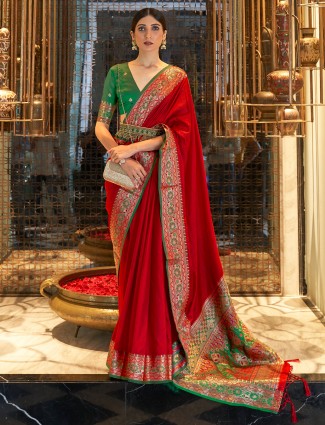 Red fantastic designer wedding ceremonies saree in tussar silk
