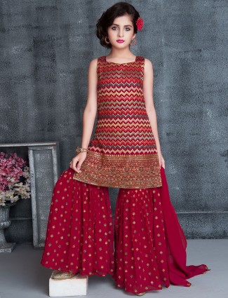 Red georgette party wear girls sharara suit