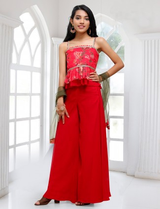 Red georgette wedding wear palazzo suit for girls