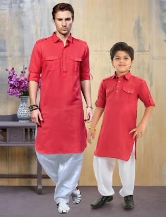 Red hue cotton fabric father son pathani suit