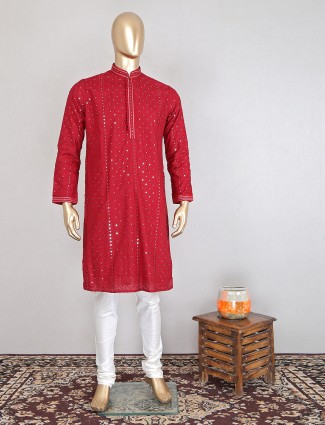 Red hued mens kurta suit in cotton