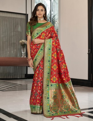 Red latest designer sari for wedding occasions in patola silk